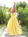 Yellow Spaghetti Straps A-line Deep V-neck Backless Satin Long Prom Dresses, FC2299