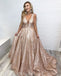 Sparkly Sequin A-line Deep V-neck Sleeveless Elegant Prom Dress, FC3978