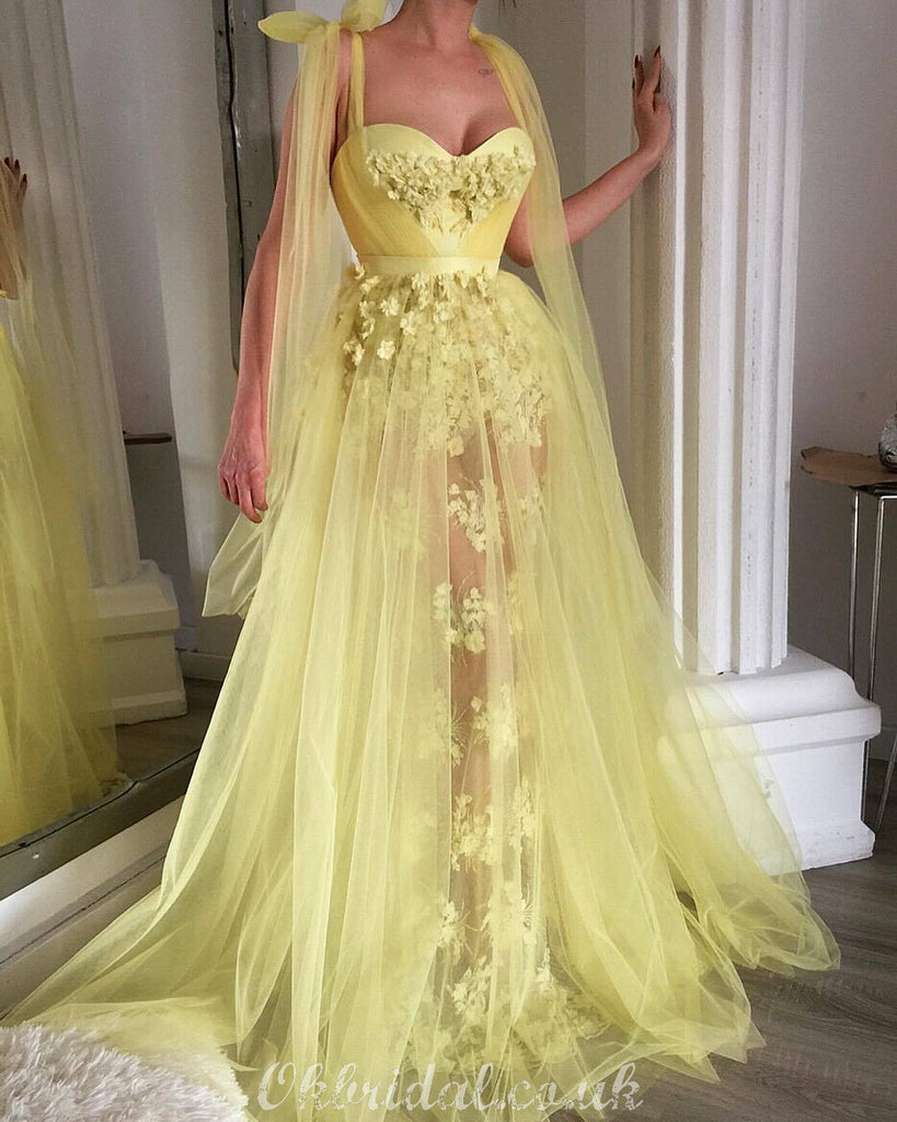 Yellow A-line Tulle Sweetheart Lace Applique Prom Dress, FC4155