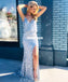 Spaghetti Straps Mermaid Silver Sequin V-neck Sparkle Slit Prom Dresses, FC4173