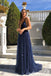 Navy A-line Sparkly Deep V-neck Backless Tulle Charming Prom Dress, FC2550