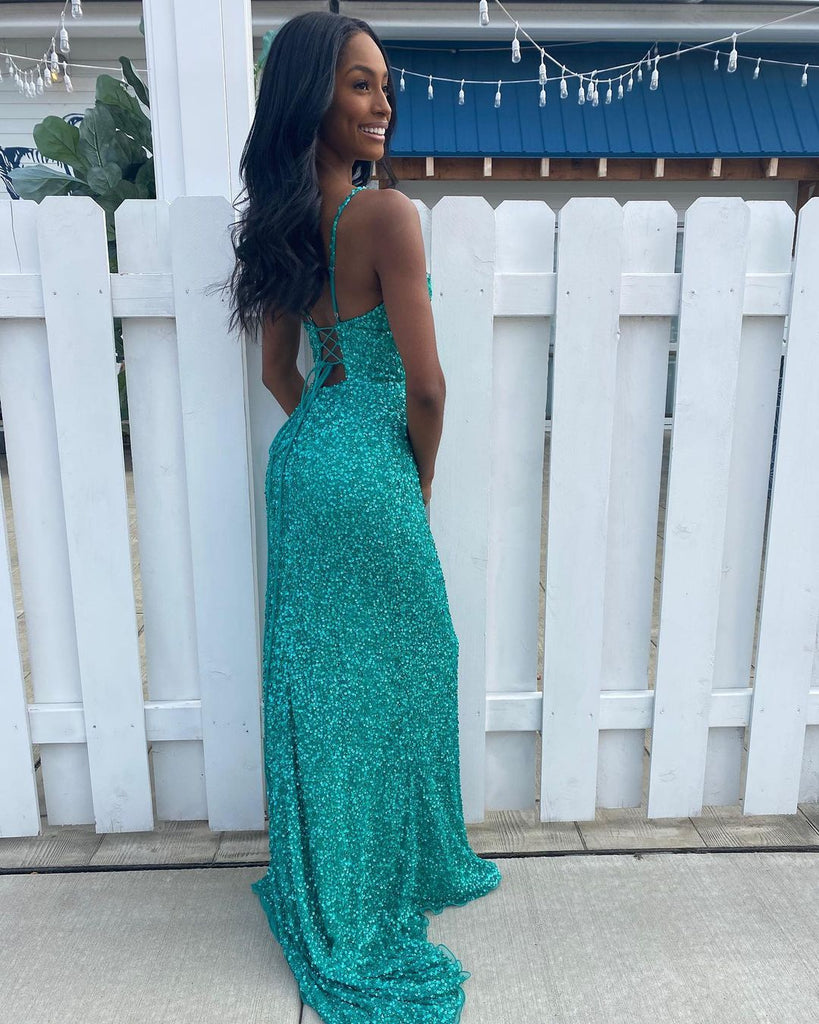 Sexy V-neck Slit Mermaid Backless Sequin Gorgeous Prom Dresses, FC5856