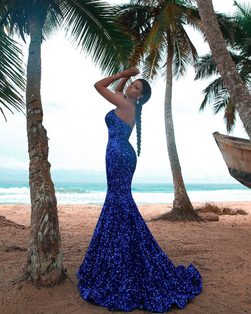 Royal Blue Mermaid Sparke Sequin Backless Long Prom Dresses, FC6249