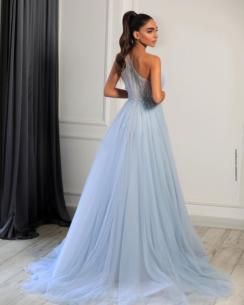 Charming Tulle One-shoulder A-line Appliques Prom Dresses, FC6321