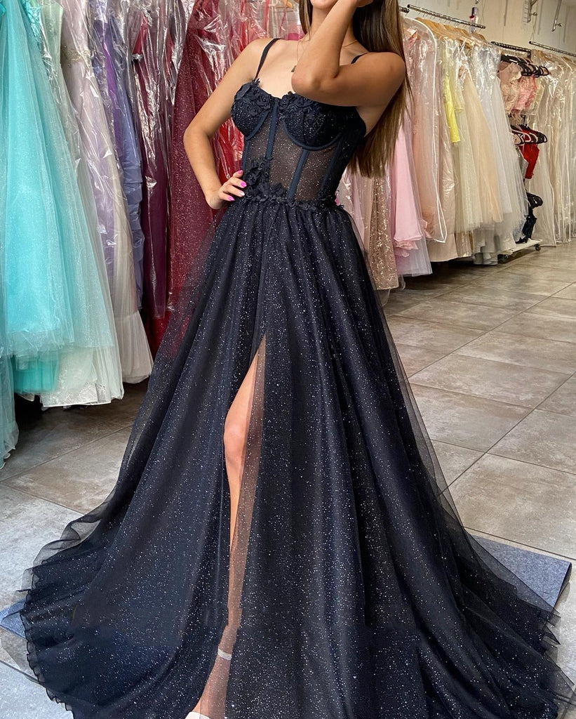 Black Spaghetti Straps Sweetheart A-line Sparkle Prom Dresses, FC7023