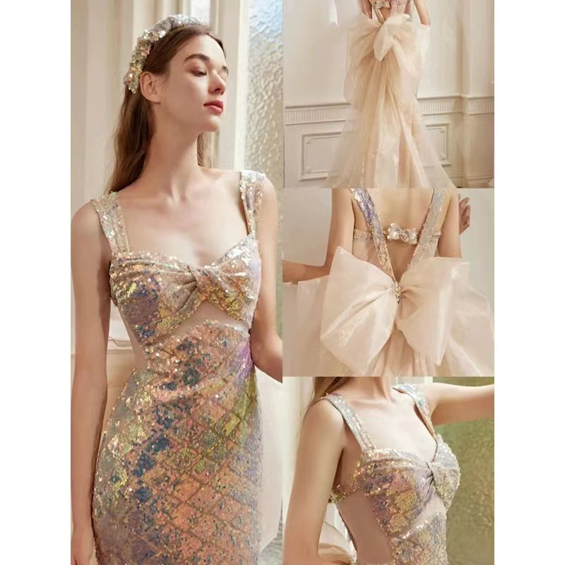 Sparkle Mermaid Sequin Backless Long Prom Dresses, FC7028
